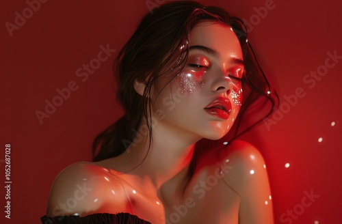 Young Woman With Glitter Makeup Against Red Background