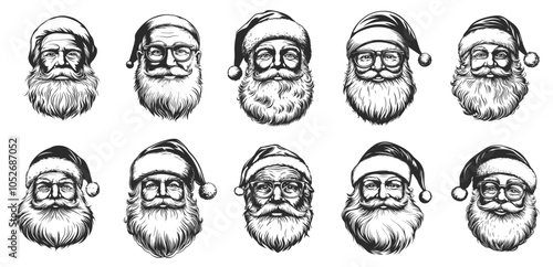 Santa head portrait set. Front view. Kind old man smiling with beard glasses Christmas hat. Holiday print sticker design element. Simple silhouette linocut black and white style. Isolated vector on