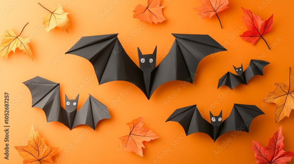 Naklejka premium Paper Bats with Autumn Leaves on Orange Background