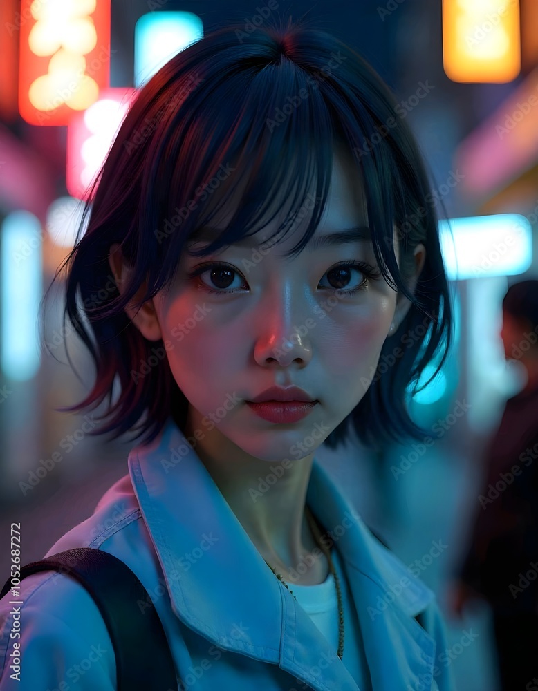 A young Japanese woman with dark blue hair and expressive eyes is wearing a light blue jacket in an urban setting illuminated by neon. A young Japanese woman with dark blue hair and expressive eyes is wearing a light blue jacket in an urban setting illuminated by neon.