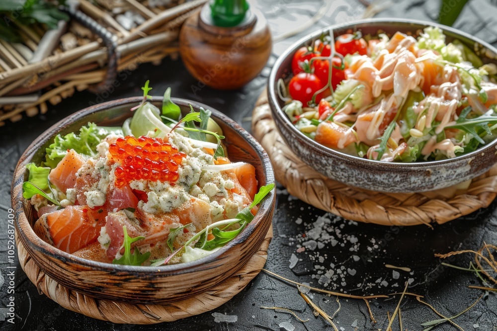 Meat Salads on Village Background, Olivie or Olivier Salmon Salad with Red Caviar, Caesar Salad Meat Salads on Village Background, Olivie or Olivier Salmon Salad with Red Caviar, Caesar Salad