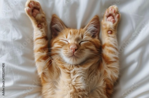 Orange Tabby Cat Sleeping With Paws Up on White Bedding