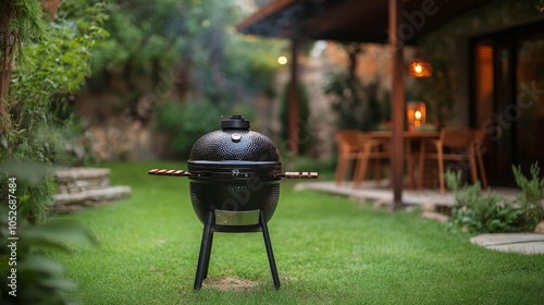 Grilling setup in a lush garden with lights at dusk