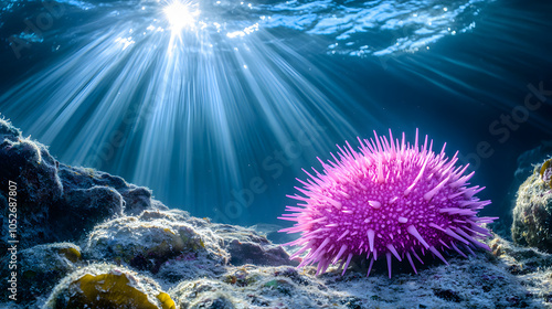 A Serene Underwater Image of a Neon Pink Sea Urchin (Toxopneustes pileolus) in Its Natural Habitat photo