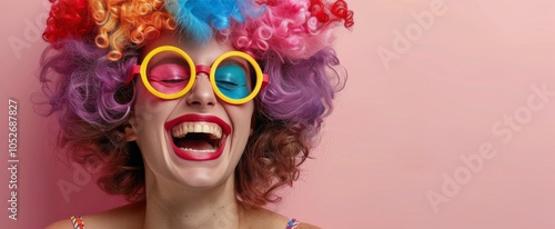 Woman Wearing Colorful Wig and Glasses Laughs Against Pink Background