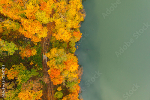 Aerial top down view about the coast of lake Hamori with autumn colored trees at Lillafured, Hungary. photo