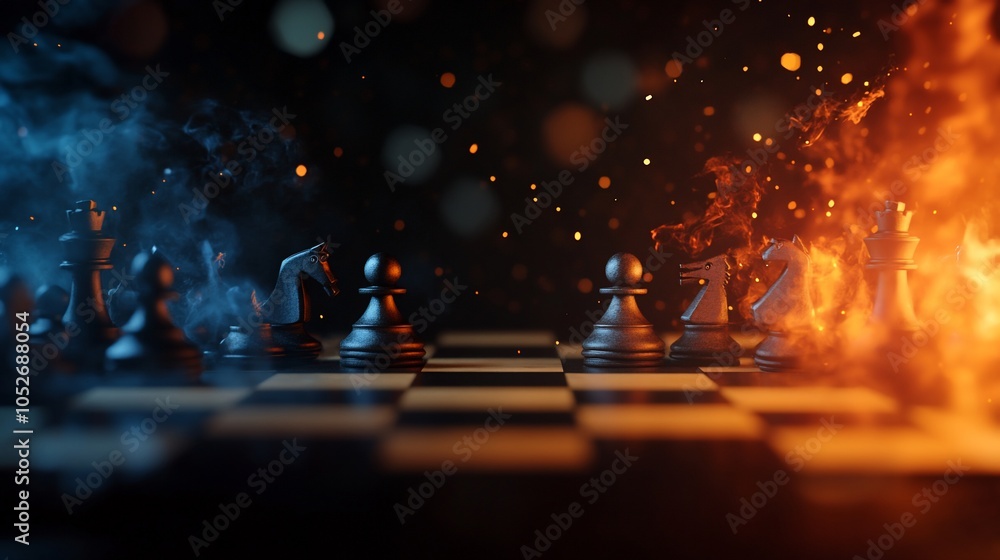 Fototapeta premium Chessboard with fire and smoke representing a strategic battle or competition.