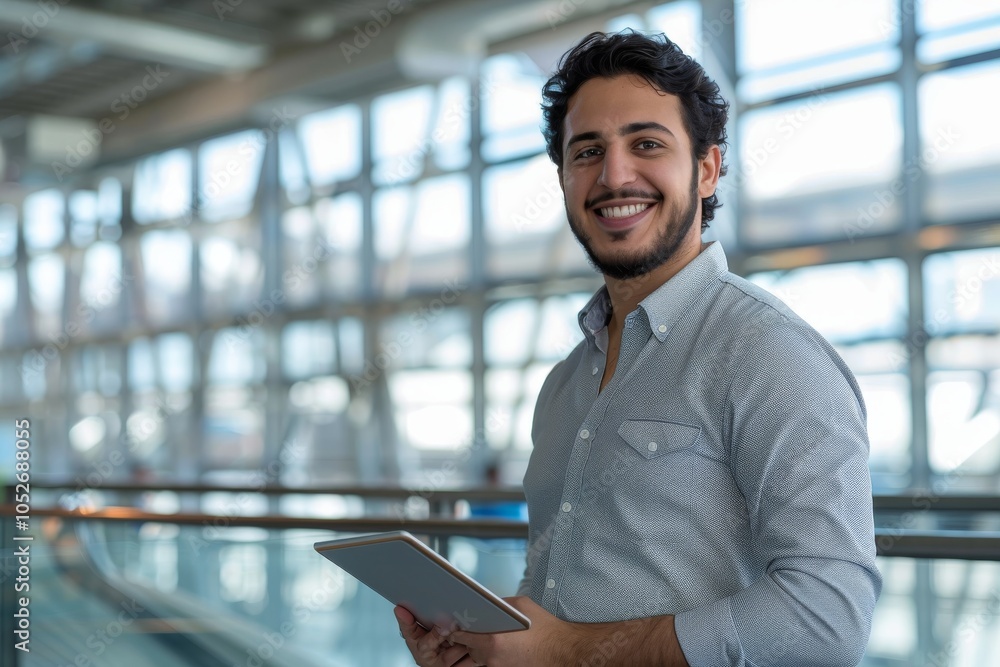 Smiling Eastern Man with Digital Tablet in Airport Terminal, Young Arab Using Tab Computer Smiling Eastern Man with Digital Tablet in Airport Terminal, Young Arab Using Tab Computer