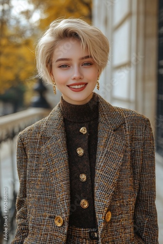 Young woman in stylish blazer smiles confidently outdoors during autumn