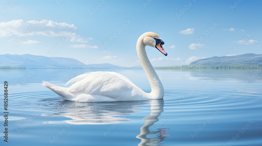 Elegant swan on calm lake, smooth glide, symmetrical reflection, meditative ambience Elegant swan on calm lake, smooth glide, symmetrical reflection, meditative ambience