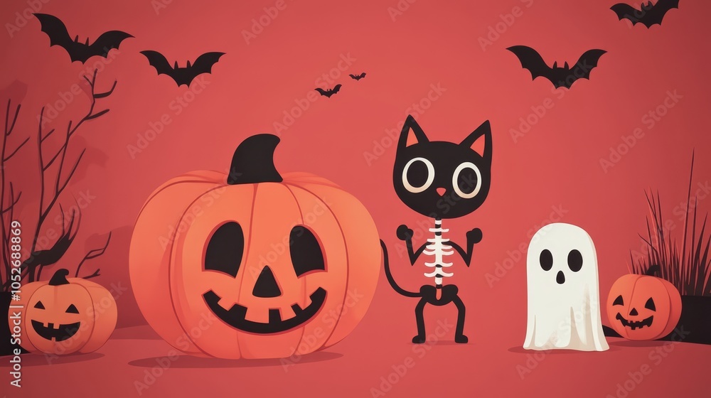 Whimsical Halloween Scene with a Cat, Pumpkin, and Ghost Whimsical Halloween Scene with a Cat, Pumpkin, and Ghost