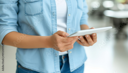 Professional analyzing data on a tablet in a cityscape backdrop