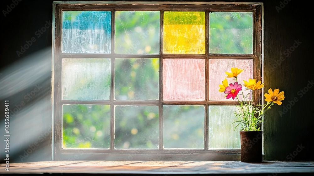 Fototapeta premium A vase holding yellow and red flowers rests before a colorful stained-glass window