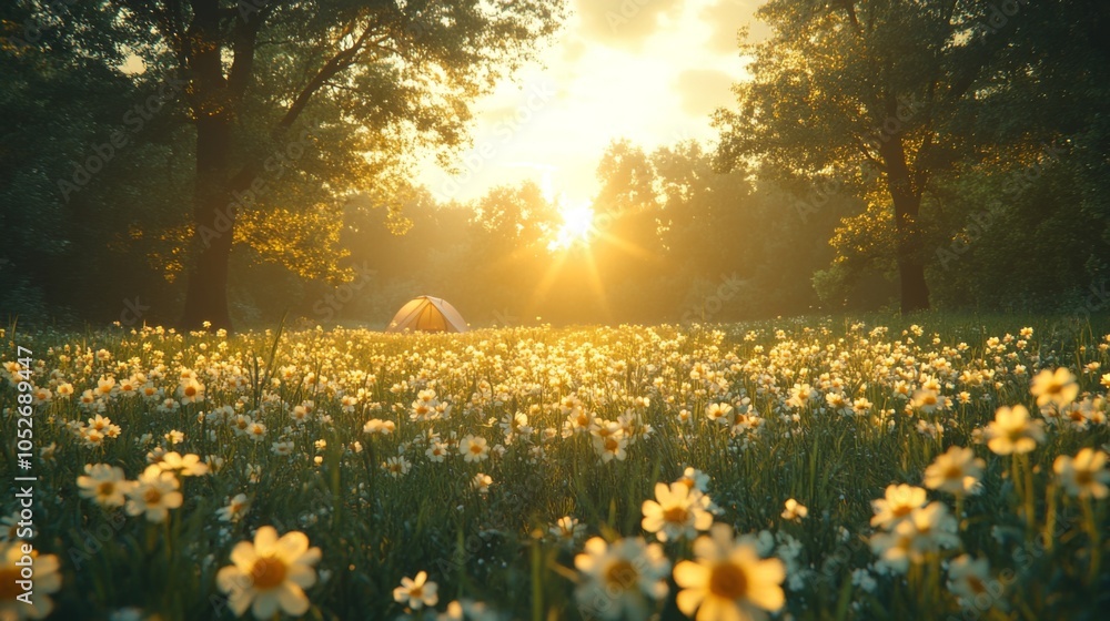 Obraz premium A camping tent stands amidst a meadow filled with blooming flowers, illuminated by a warm sunset. The scene captures the tranquil beauty of nature in the evening.
