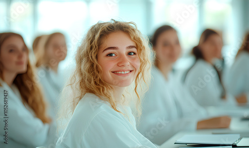 A young woman beams with joy while engaging in a classroom activity with her peers, all in lab coats