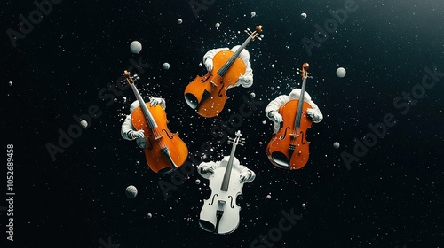  A quartet of orange-white violins float above a black background, surrounded by numerous bubbles