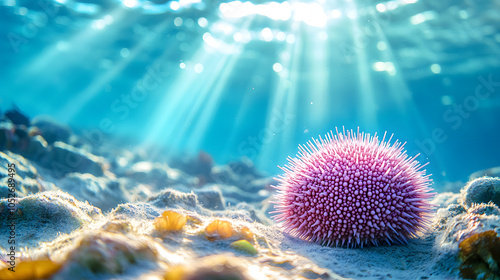 A Serene Underwater Image of a Neon Pink Sea Urchin (Toxopneustes pileolus) in Its Natural Habitat photo