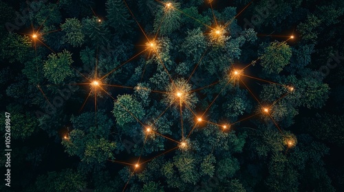 A collection of network nodes emits a glow over an enchanting tree canopy, conveying a seamless integration of technological marvels and natural world harmony. photo