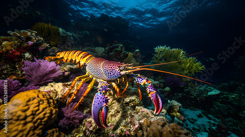 An Underwater Garden with a Purple Reef Lobster Camouflaging Amongst Colorful Corals Rich in Marine Life photo