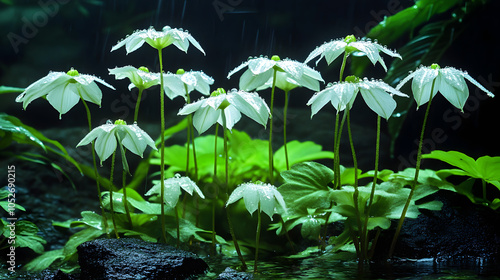 The Serene Beauty of White Bat Plant (Tacca integrifolia) Glimmering in a Quiet Shaded Environment photo