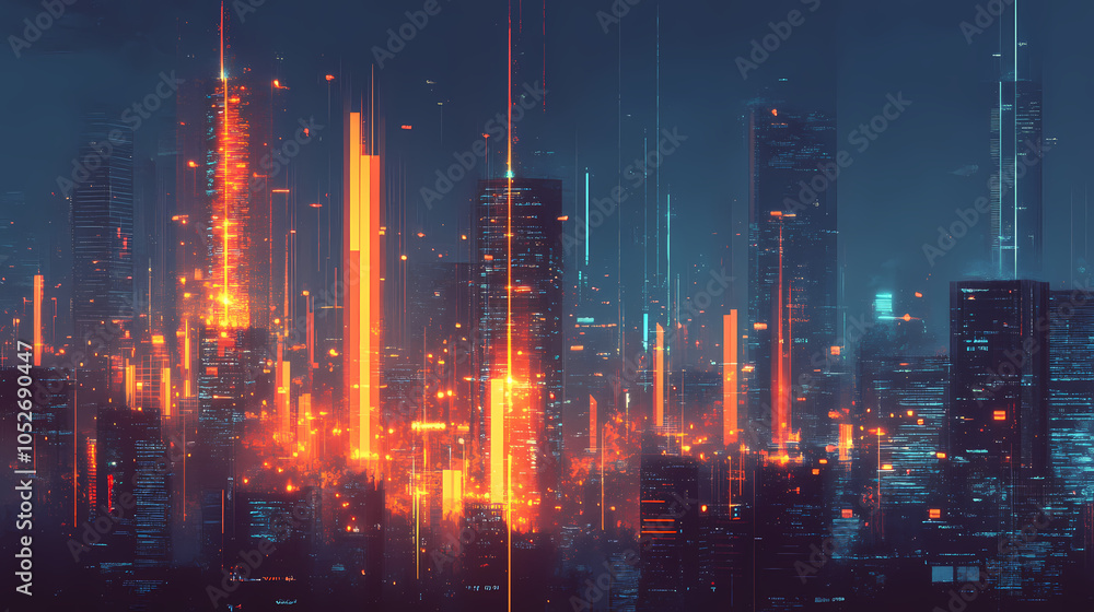 Naklejka premium Futuristic cityscape of glowing bar graphs in orange and blue. Virtual Cityscape. Illustration