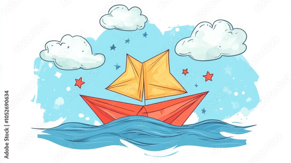 Fototapeta premium Colorful Hand-Drawn Sailboat Illustration on Calm Waters