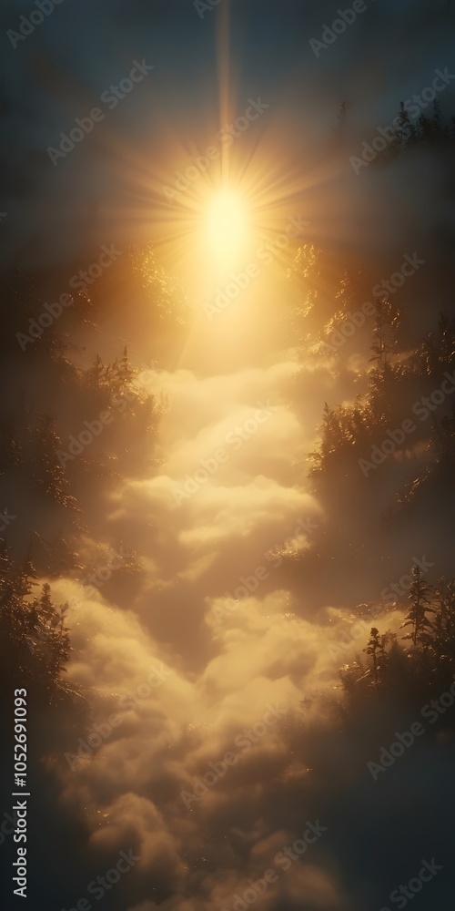Fototapeta premium A breathtaking view of golden light piercing through a misty forest, illuminating the fog while creating a serene, ethereal atmosphere. Nature's beauty in a moment of tranquility.