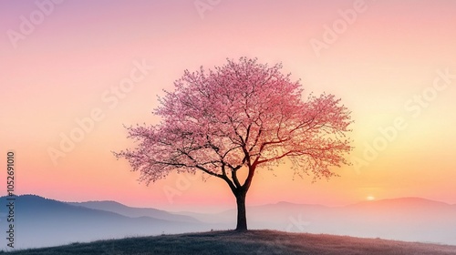  A tree in a field, framed by a pink sky above and pink-purple sky behind