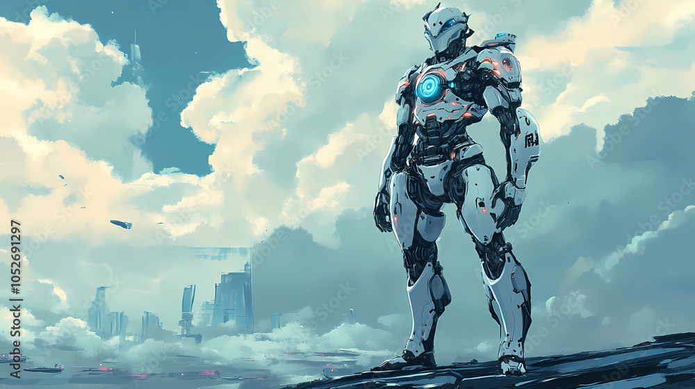 Naklejka premium Futuristic robotic knight standing in a science fiction world , robot, mechanical, armor, technology, artificial intelligence, future. Robotic Warriors. Illustration