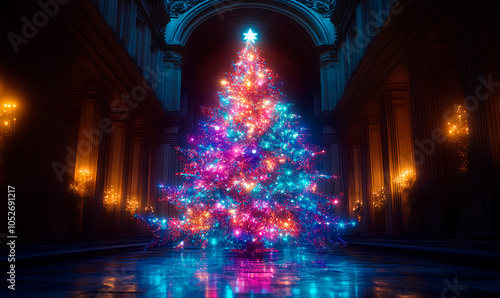 Wallpaper Mural A stunning Christmas tree glows with vibrant lights in a grand, softly lit hall adorned for the holiday celebration Torontodigital.ca