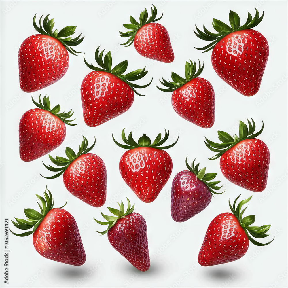 Set of flying strawberries with leaves. Set of flying strawberries with leaves.