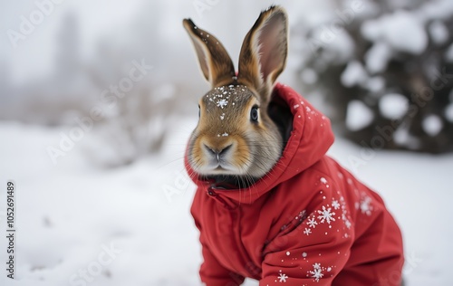 Little tiny bunny dressed up as Santa Claus on snowing photo