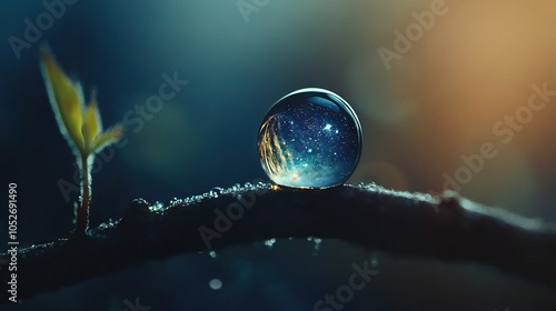    water droplet with a star-shaped reflection in its surface, placed on a leafy branch against a blue night sky background