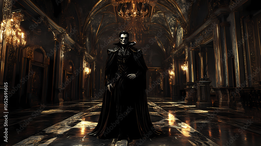 Gothic elegance - 3d render of a vampire lord in elaborate attire standing in a luxurious hall. Vampire Lord. Illustration Gothic elegance - 3d render of a vampire lord in elaborate attire standing in a luxurious hall. Vampire Lord. Illustration