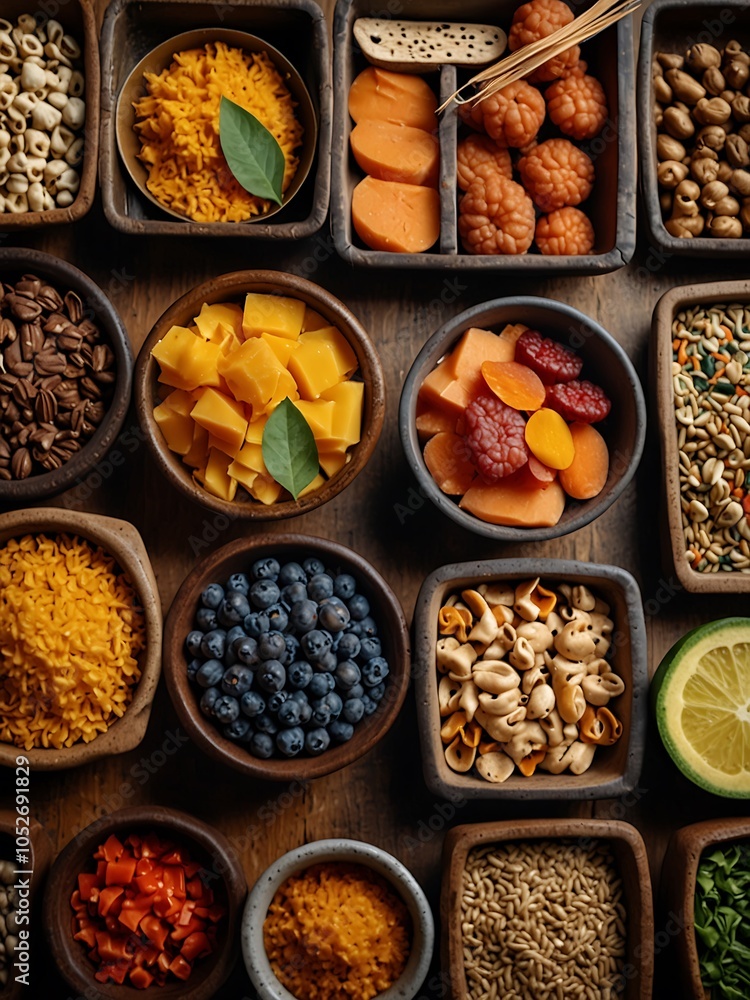 Diverse Selection of Natural Ingredients in Trays and Bowls Diverse Selection of Natural Ingredients in Trays and Bowls