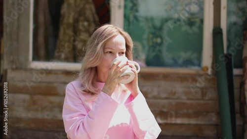 Young caucasian Woman sitting Outdoors Drinking beverage or Coffee from white cup. Thoughtful Female person in pink shirt with blond hair looks at camera and smiles, enjoys sunny day at village