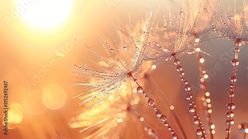 Dew drops on a dandelion seeds at sunrise close up Natural background with copy space