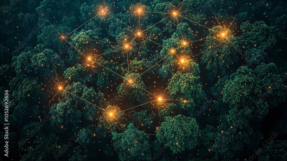 An overhead perspective of a vivid forest with dazzling star-like networks floating above, representing a blend of natural beauty and cosmic wonder in unity. An overhead perspective of a vivid forest with dazzling star-like networks floating above, representing a blend of natural beauty and cosmic wonder in unity.