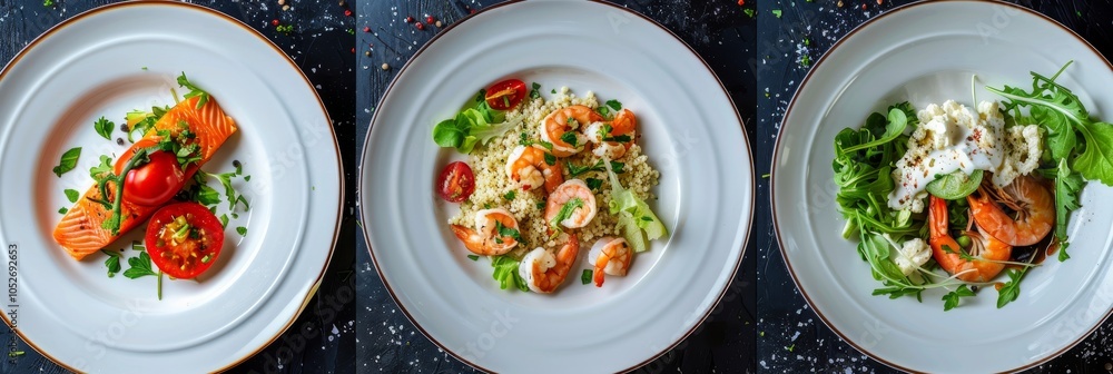 Salads Set, Various Meat and Vegetable Salats with Salmon, Shrimps, Tomatoes, Spices Top View Salads Set, Various Meat and Vegetable Salats with Salmon, Shrimps, Tomatoes, Spices Top View