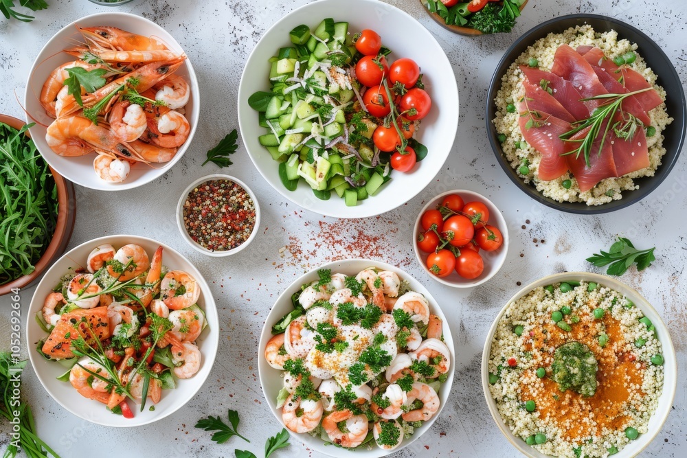 Salads Set, Various Meat and Vegetable Salats with Salmon, Shrimps, Tomatoes, Spices Top View Salads Set, Various Meat and Vegetable Salats with Salmon, Shrimps, Tomatoes, Spices Top View
