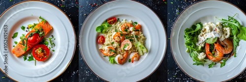 Salads Set, Various Meat and Vegetable Salats with Salmon, Shrimps, Tomatoes, Spices Top View