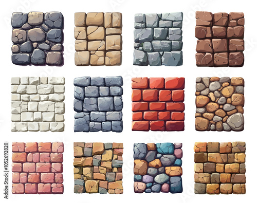Wall square shape texture set. Earth round grey brown stones red bricks terrain tiles. Game cobble rock floor design element. Building feature ground surface decoration. Cartoon style vector clipart