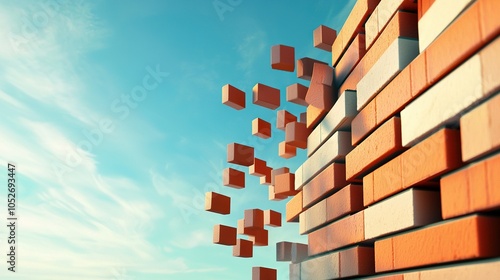 Wallpaper Mural   A crimson brick wall stands tall against a cobalt sky, adorned with fluffy white clouds in the background Torontodigital.ca