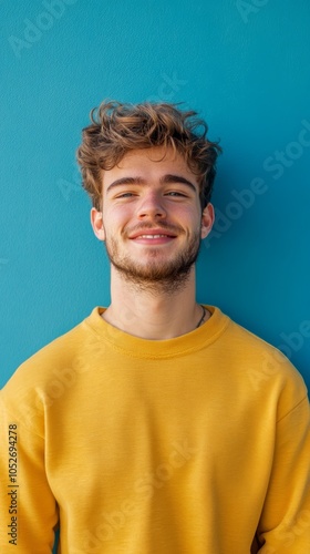 Smiling Young Man in Yellow Sweater Against Blue Wall