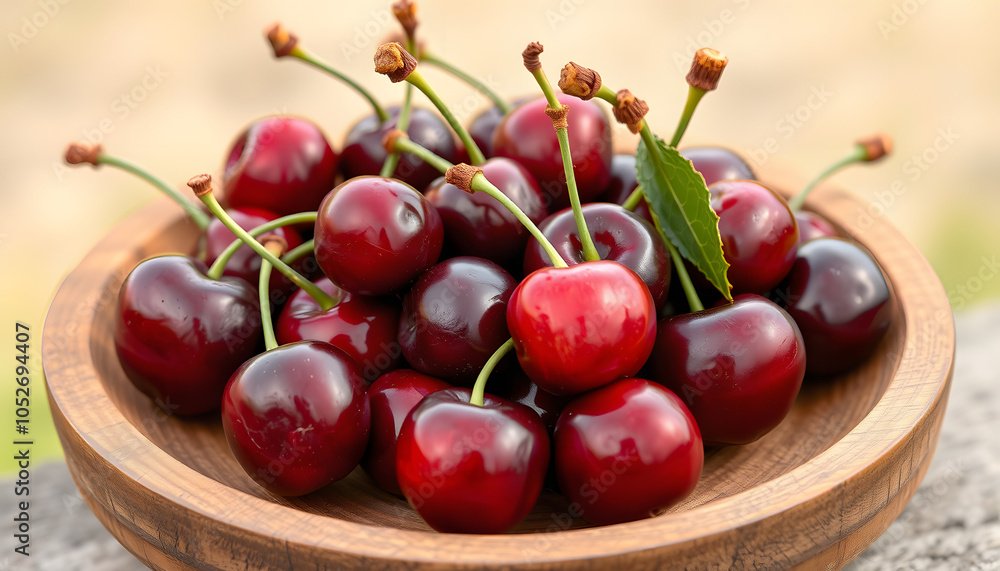 Tasty ripe red cherries in wooden plate outdoors isolated with white highlights, png