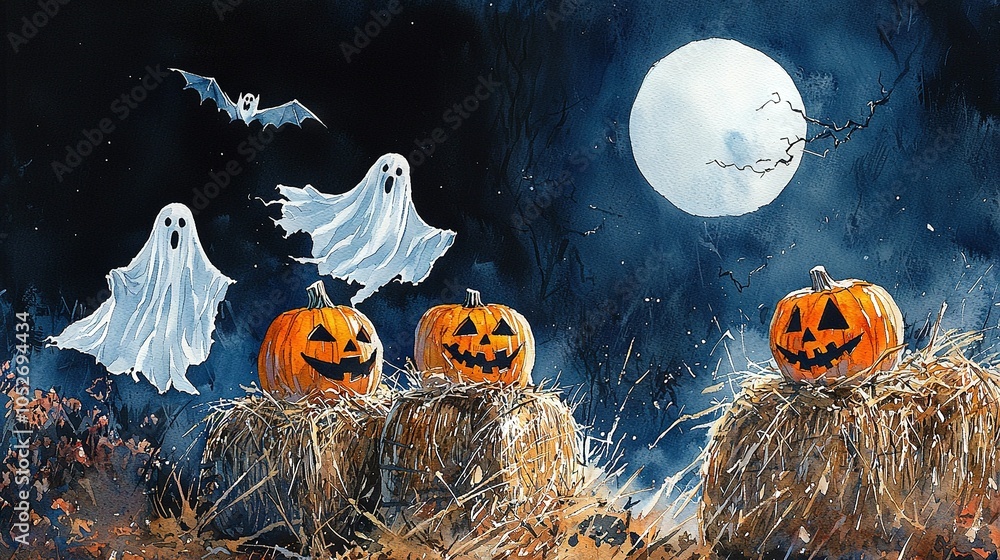 A painting of three pumpkins on a hay bale in front of a full moon and a starry night sky A painting of three pumpkins on a hay bale in front of a full moon and a starry night sky