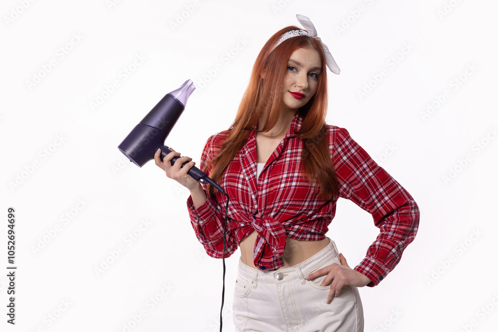 A Stylish Woman Holding a Hair Dryer Poses for a Modern Fashion Photoshoot in Progress