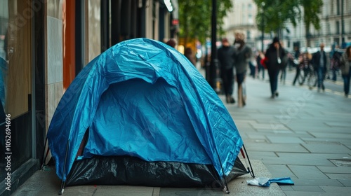 A Homeless Person's Tent Set up on a Busy High Street in London Generative AI