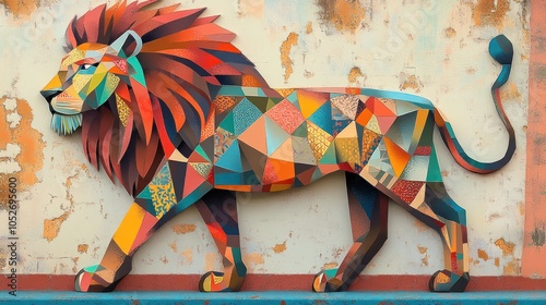 A colorful geometric lion sculpture on a textured wall. photo