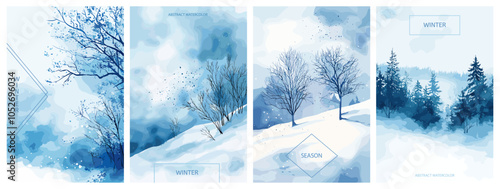 Winter aquarelle posters set. Tree branch Christmas tree forest snow snowflakes. Blue nature soft colors. Template for invitation congtatulation card banner social media post decoration. Watercolor